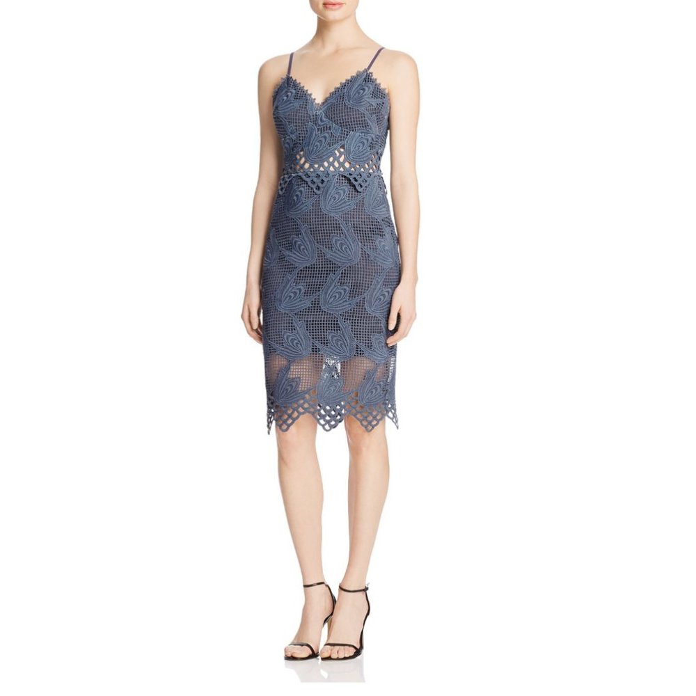 AQUA Slate Blue Midi Lace Bodycon Dress (Size S)